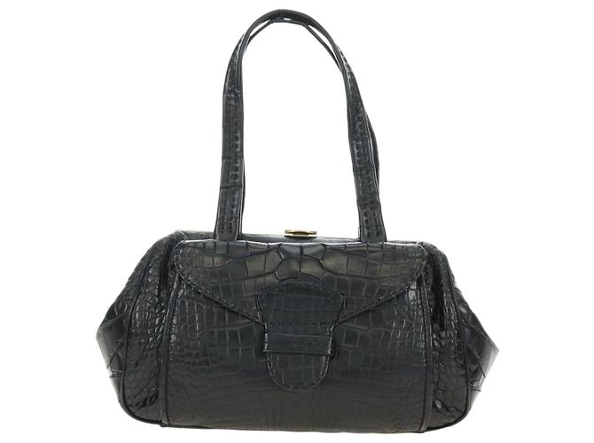 PRADA Hand Bag Leather Croco Embossed Black Gold - vista 13