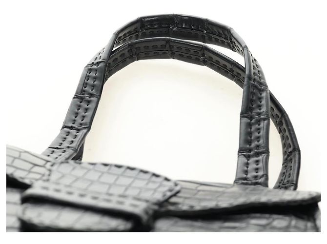 PRADA Hand Bag Leather Croco Embossed Black Gold - vista 14