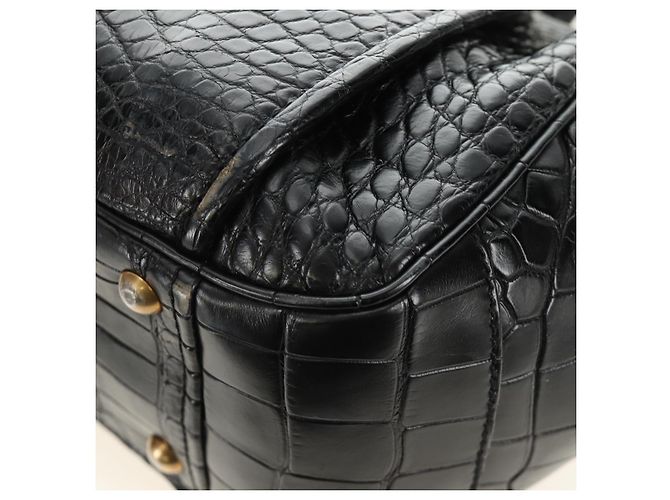 PRADA Hand Bag Leather Croco Embossed Black Gold - vista 15