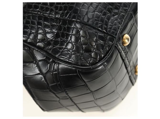 PRADA Hand Bag Leather Croco Embossed Black Gold - vista 16