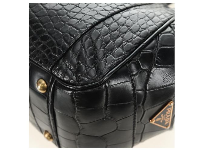 PRADA Hand Bag Leather Croco Embossed Black Gold - vista 17