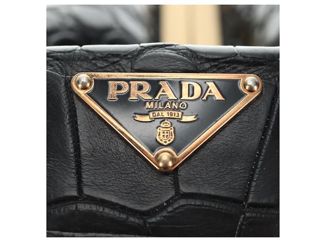 PRADA Hand Bag Leather Croco Embossed Black Gold - vista 18