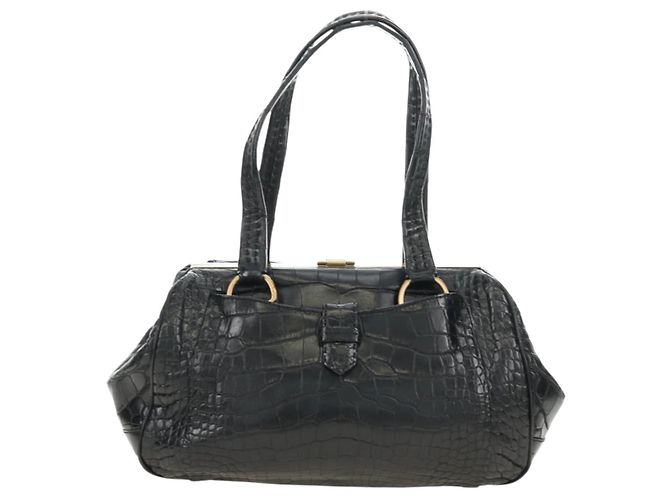 PRADA Hand Bag Leather Croco Embossed Black Gold - vista 2