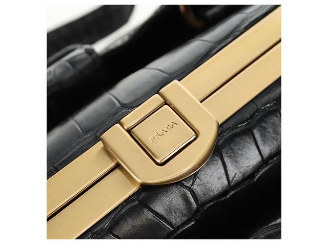 PRADA Hand Bag Leather Croco Embossed Black Gold - vista 21