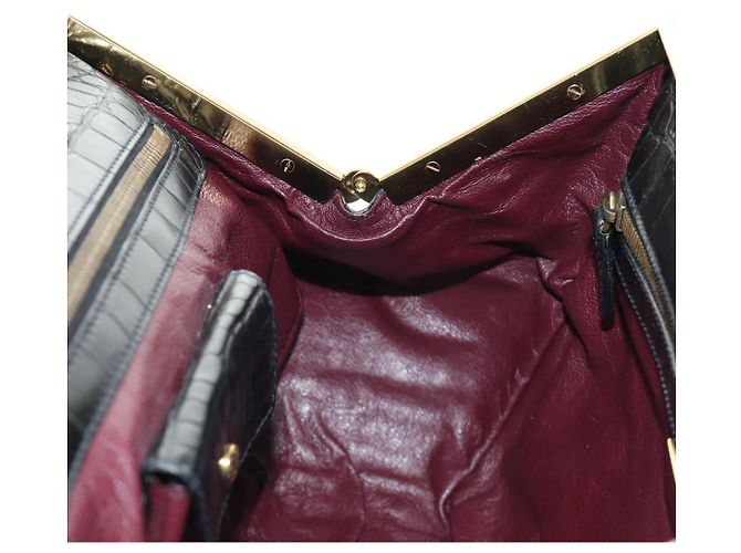 PRADA Hand Bag Leather Croco Embossed Black Gold - vista 23