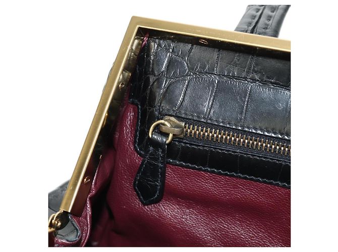 PRADA Hand Bag Leather Croco Embossed Black Gold - vista 26