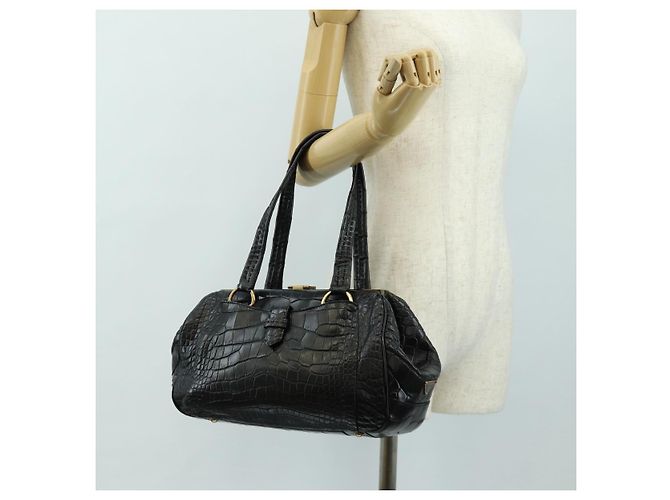 PRADA Hand Bag Leather Croco Embossed Black Gold - vista 28