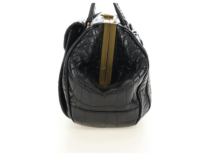 PRADA Hand Bag Leather Croco Embossed Black Gold - vista 3