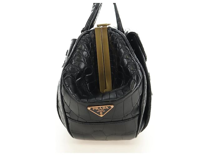 PRADA Hand Bag Leather Croco Embossed Black Gold - vista 4