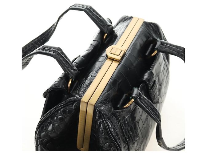 PRADA Hand Bag Leather Croco Embossed Black Gold - vista 6