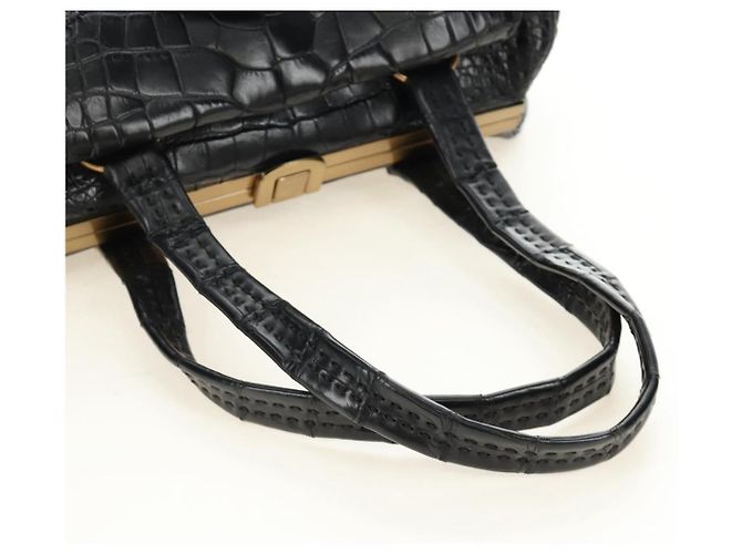 PRADA Hand Bag Leather Croco Embossed Black Gold - vista 7