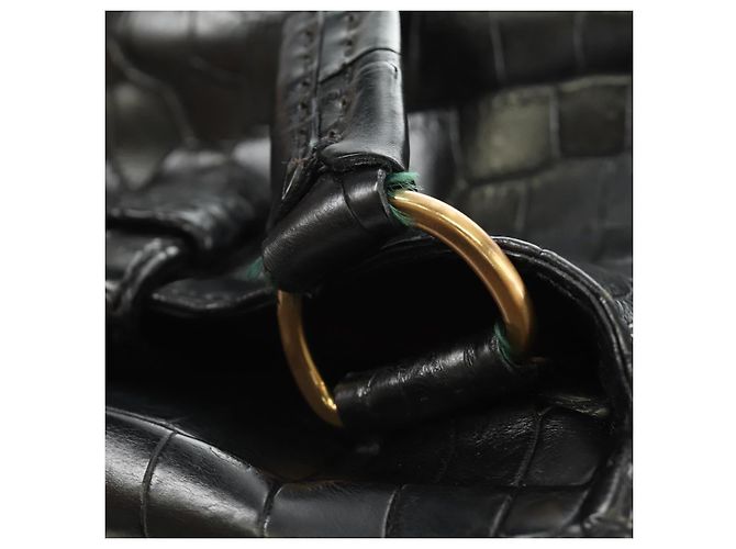 PRADA Hand Bag Leather Croco Embossed Black Gold - vista 8