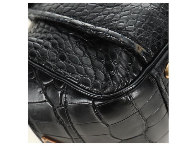 PRADA Hand Bag Leather Croco Embossed Black Gold - vista 9