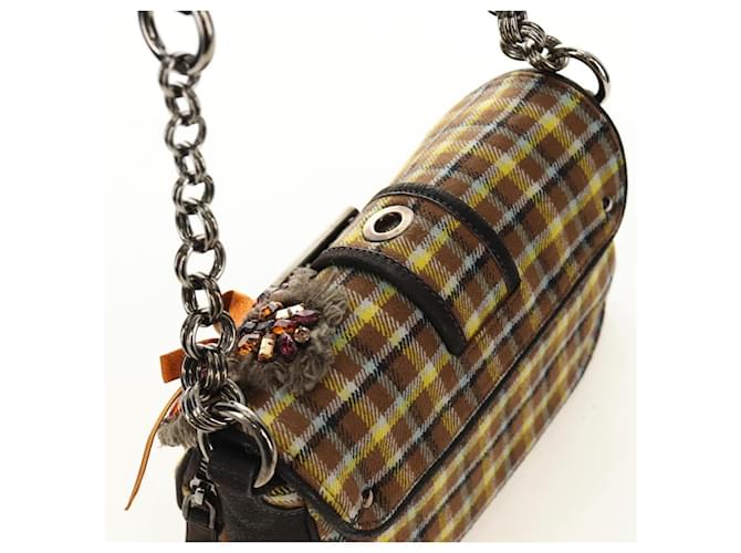 PRADA Chain Shoulder Bag Canvas Brown Silver - vista 6