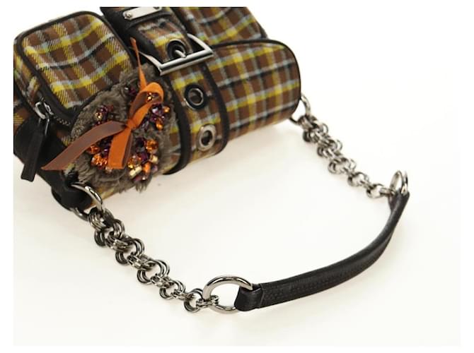 PRADA Chain Shoulder Bag Canvas Brown Silver - vista 7