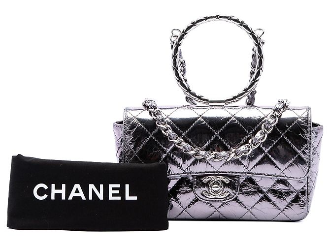 Borsa Satchel Chanel Mini Quilted Metallic Calfskin Ring Top Handle Flap Argento - vista 7