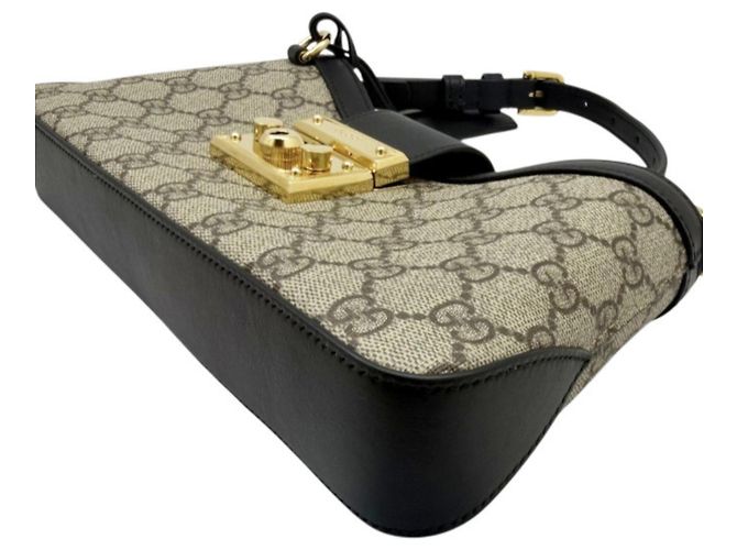 Borsa a tracolla piccola in pelle GUCCI GG Supreme Padlock Nero Beige - vista 4