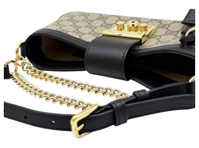 Borsa a tracolla piccola in pelle GUCCI GG Supreme Padlock Nero Beige - vista 5