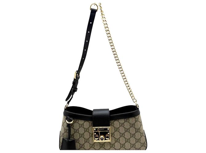 Borsa a tracolla piccola in pelle GUCCI GG Supreme Padlock Nero Beige - vista 9