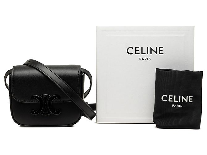 Céline Celine Mini Borsa a Tracolla Triomphe in Pelle di Vitello Lucida Nera Nero - vista 7