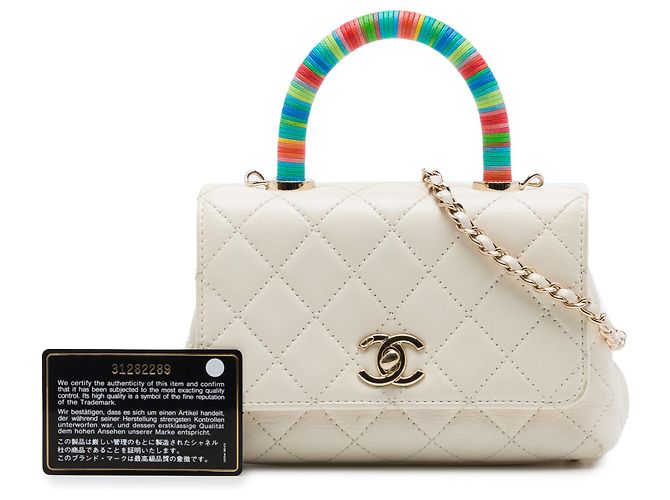 Chanel White Extra Mini Quilted Goatskin Rainbow Top Handle Flap Bianco - vista 7