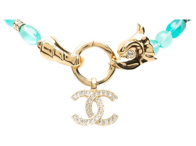 Collana di perle e strass Chanel Blue CC Gold Tone Turchese - vista 3