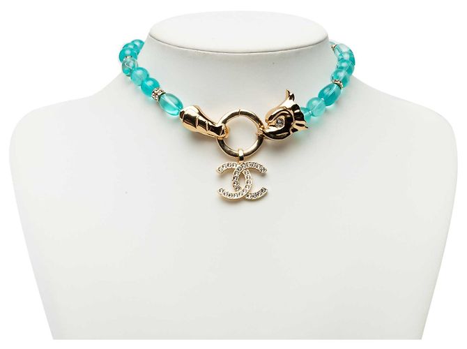 Collana di perle e strass Chanel Blue CC Gold Tone Turchese - vista 5