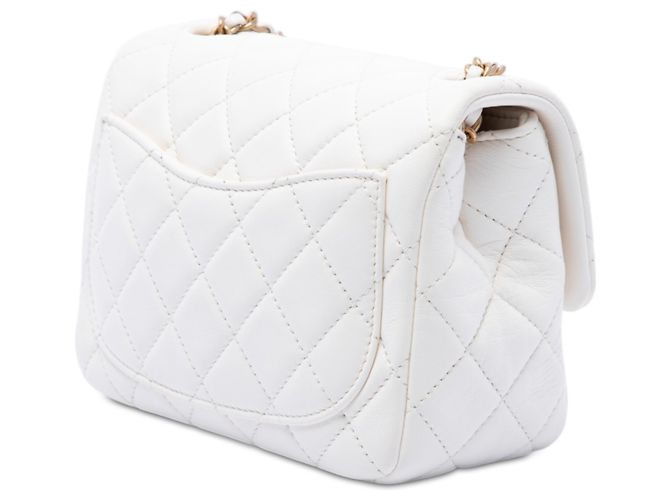 Chanel White Mini Square Classic Lambskin Pearl Crush Single Flap Bianco - vista 2