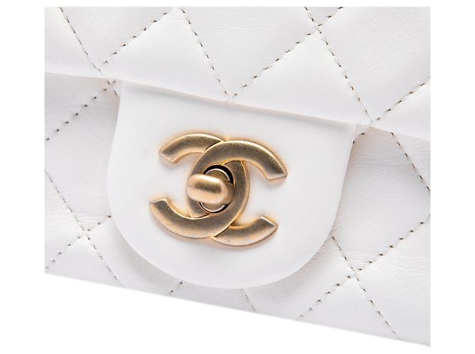 Chanel White Mini Square Classic Lambskin Pearl Crush Single Flap Bianco - vista 5
