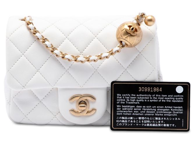 Chanel White Mini Square Classic Lambskin Pearl Crush Single Flap Bianco - vista 7