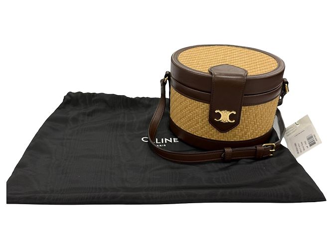 Céline Celine Beige Medium Raffia and Calfskin Triomphe Tambour Crossbody Marrone scuro - vista 10