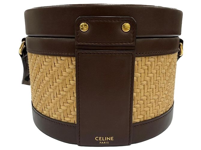 Céline Celine Beige Medium Raffia and Calfskin Triomphe Tambour Crossbody Marrone scuro - vista 2