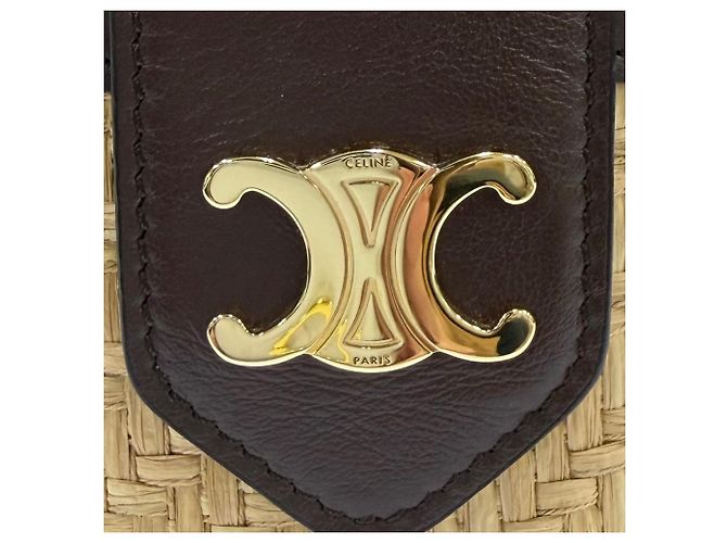 Céline Celine Beige Medium Raffia and Calfskin Triomphe Tambour Crossbody Marrone scuro - vista 7