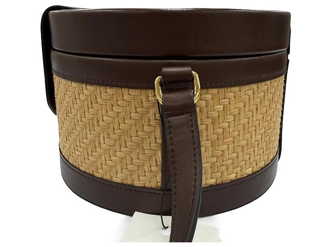 Céline Celine Beige Medium Raffia and Calfskin Triomphe Tambour Crossbody Marrone scuro - vista 8
