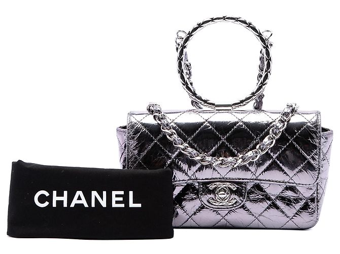 Chanel Mini Borsa Ring Top Handle in vitello metallizzato matelassé argento - vista 7