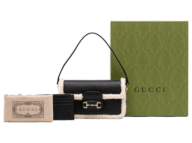 Borsa a mano Gucci 1955 Horsebit Mini in vitello e shearling nero - vista 7