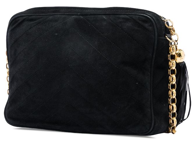 Bolsa Camera Chanel em camurça acolchoada preta com tassel CC Preto - vista 2