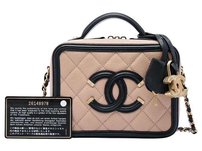 Chanel Vanity Case Small Bicolor Caviar CC Filigree Brown Marrone Carne - vista 6