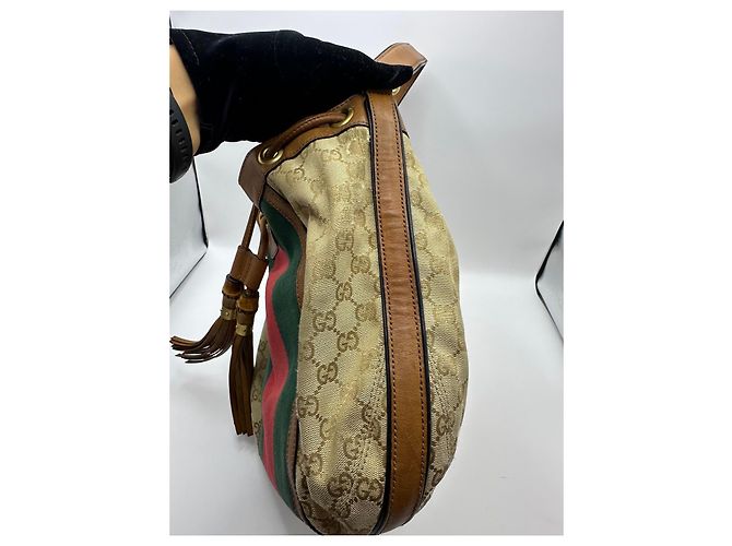 Bamboo Borsa a secchiello Gucci Rania GG Canvas Marrone Rosso Beige Verde - vista 13