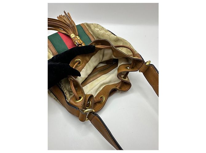 Bamboo Borsa a secchiello Gucci Rania GG Canvas Marrone Rosso Beige Verde - vista 15