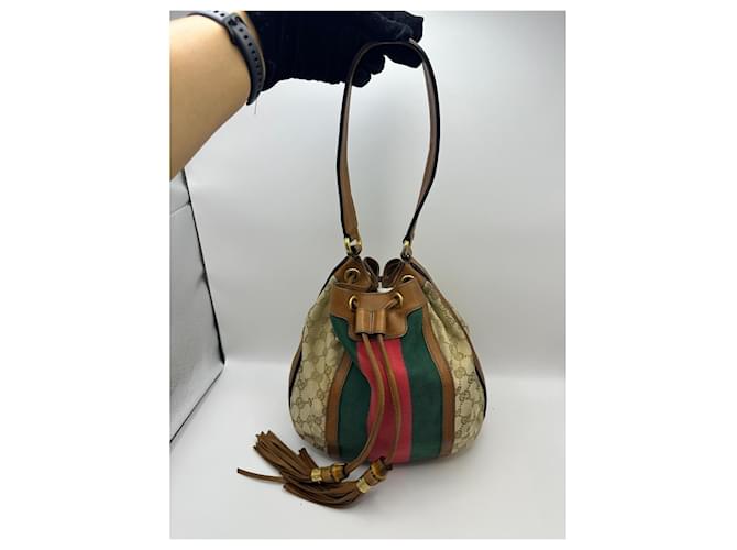 Bamboo Borsa a secchiello Gucci Rania GG Canvas Marrone Rosso Beige Verde - vista 2