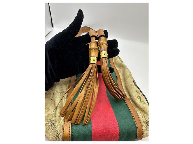 Bamboo Borsa a secchiello Gucci Rania GG Canvas Marrone Rosso Beige Verde - vista 5