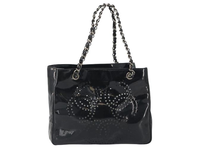 Borsa Tote a catena CHANEL Vernice Nera Argento CC Auth BA14897 Nero - vista 13