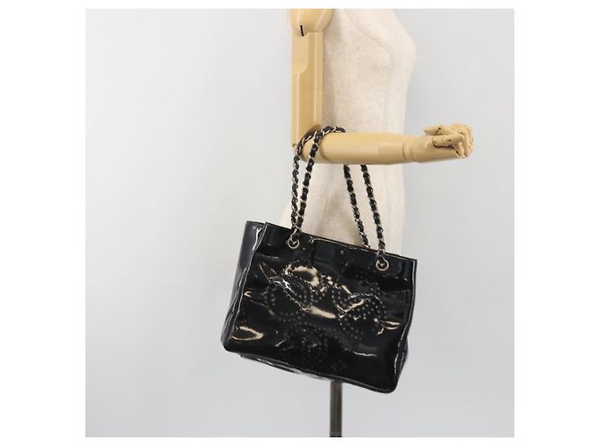 Borsa Tote a catena CHANEL Vernice Nera Argento CC Auth BA14897 Nero - vista 19