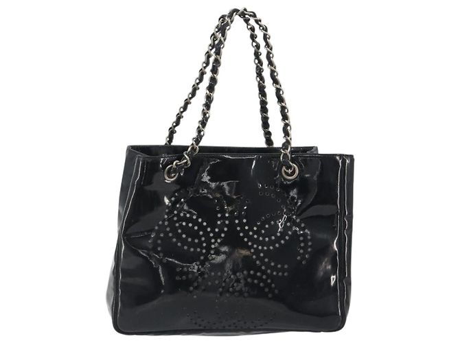 Borsa Tote a catena CHANEL Vernice Nera Argento CC Auth BA14897 Nero - vista 2