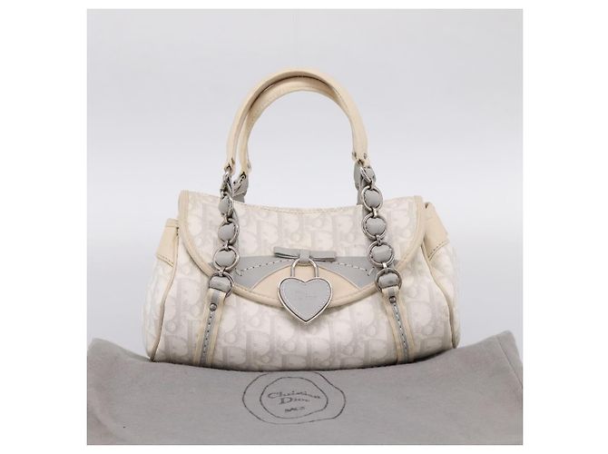 Borsa a Mano Christian Dior Trotter Canvas Romantic PVC Bianco Argento Auth 197513V - vista 12