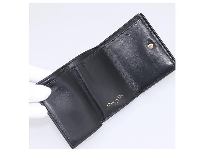 Portafoglio compatto Christian Dior in pelle nera e oro Auth 198767A Nero D'oro - vista 9