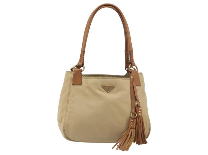 Bolso Tote PRADA Nylon Beige Gold Auth 195771V Dorado - vista 13