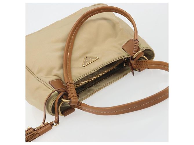 Bolso Tote PRADA Nylon Beige Gold Auth 195771V Dorado - vista 6