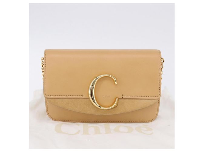 Chloé Borsa a tracolla Chloe C Chain in pelle beige tono oro Auth am12374V - vista 12